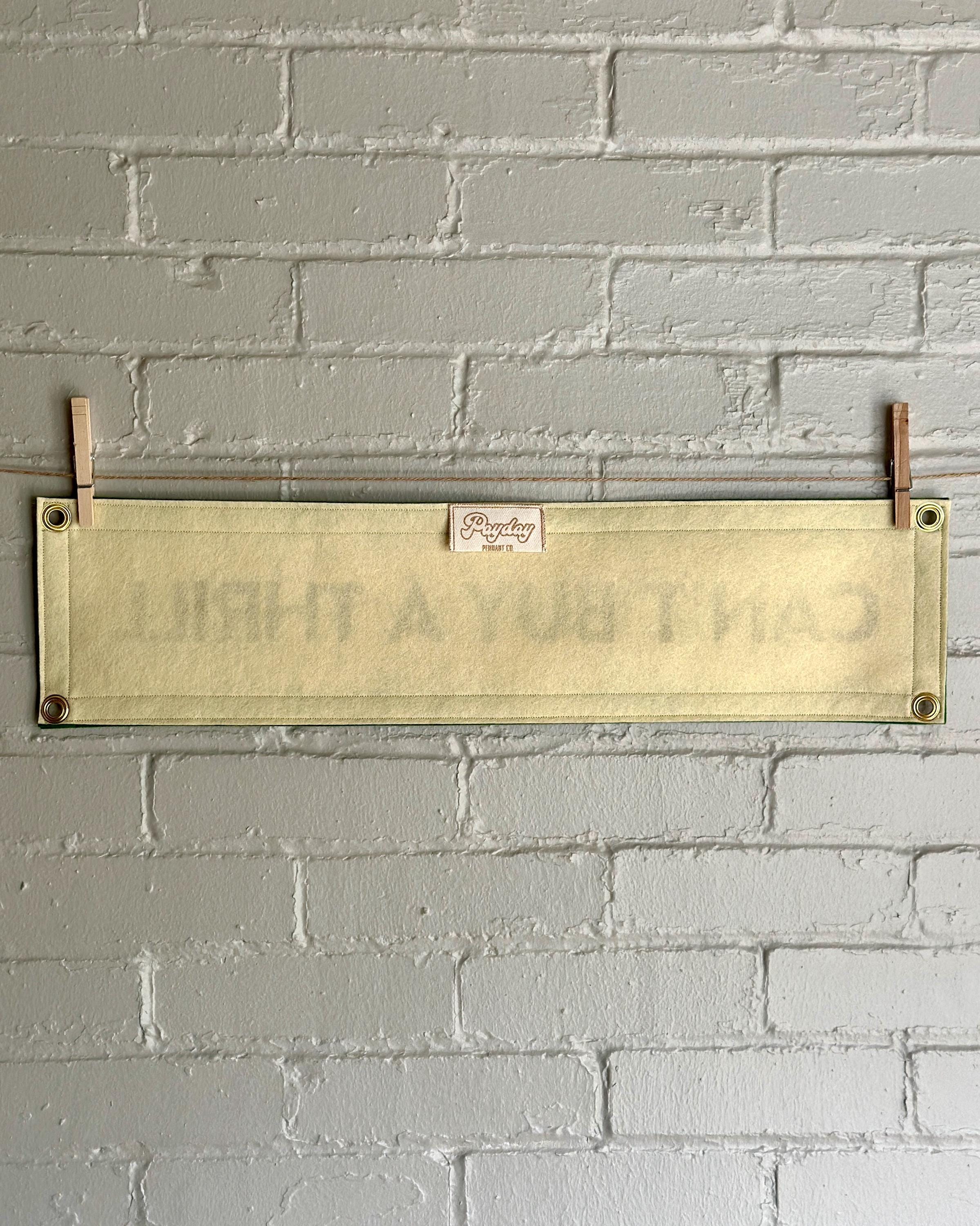 Back of a cream felt banner with green trim and gold lettering that reads "Can't Buy a Thrill"