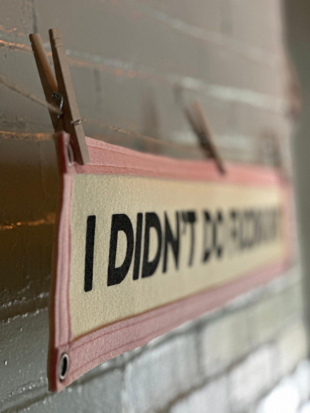 A cream felt banner with pink trim and black lettering that reads "I didn't do fucking shit"