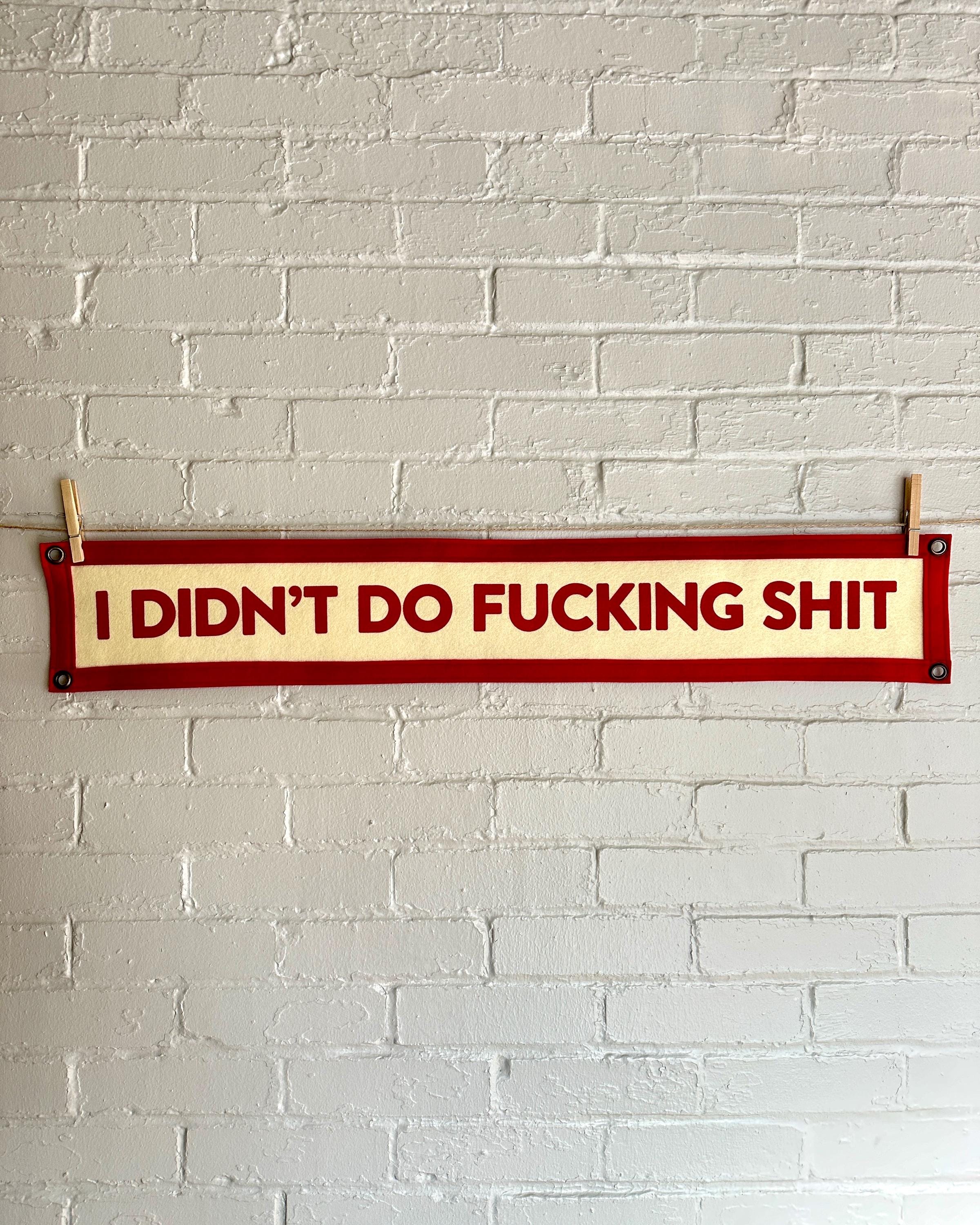 A cream felt banner with red trim and lettering that reads "I didn't do fucking shit"