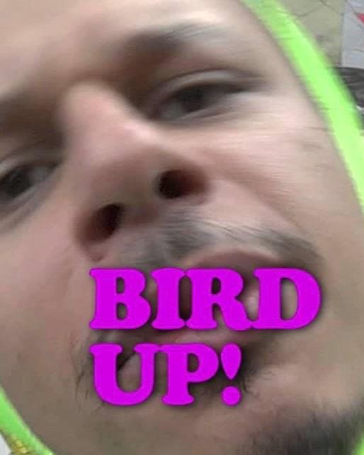 Close-up of Eric Andre's face with 'BIRD UP!' text in pink, wearing a green morphsuit.