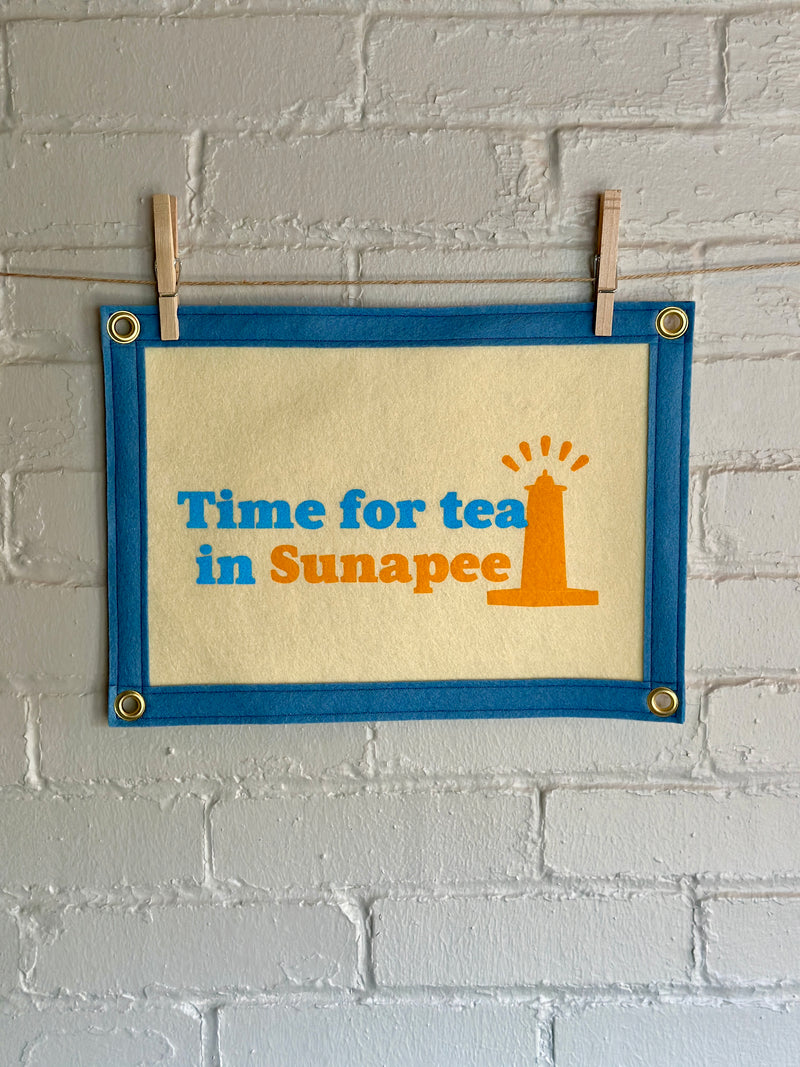 Felt banner reading "Time for tea in Sunapee"
