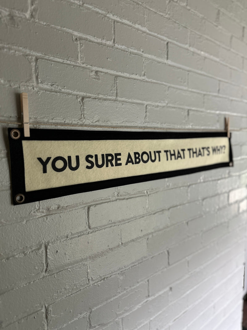 Banner with text 'YOU SURE ABOUT THAT THAT'S WHY?' on a white brick wall.