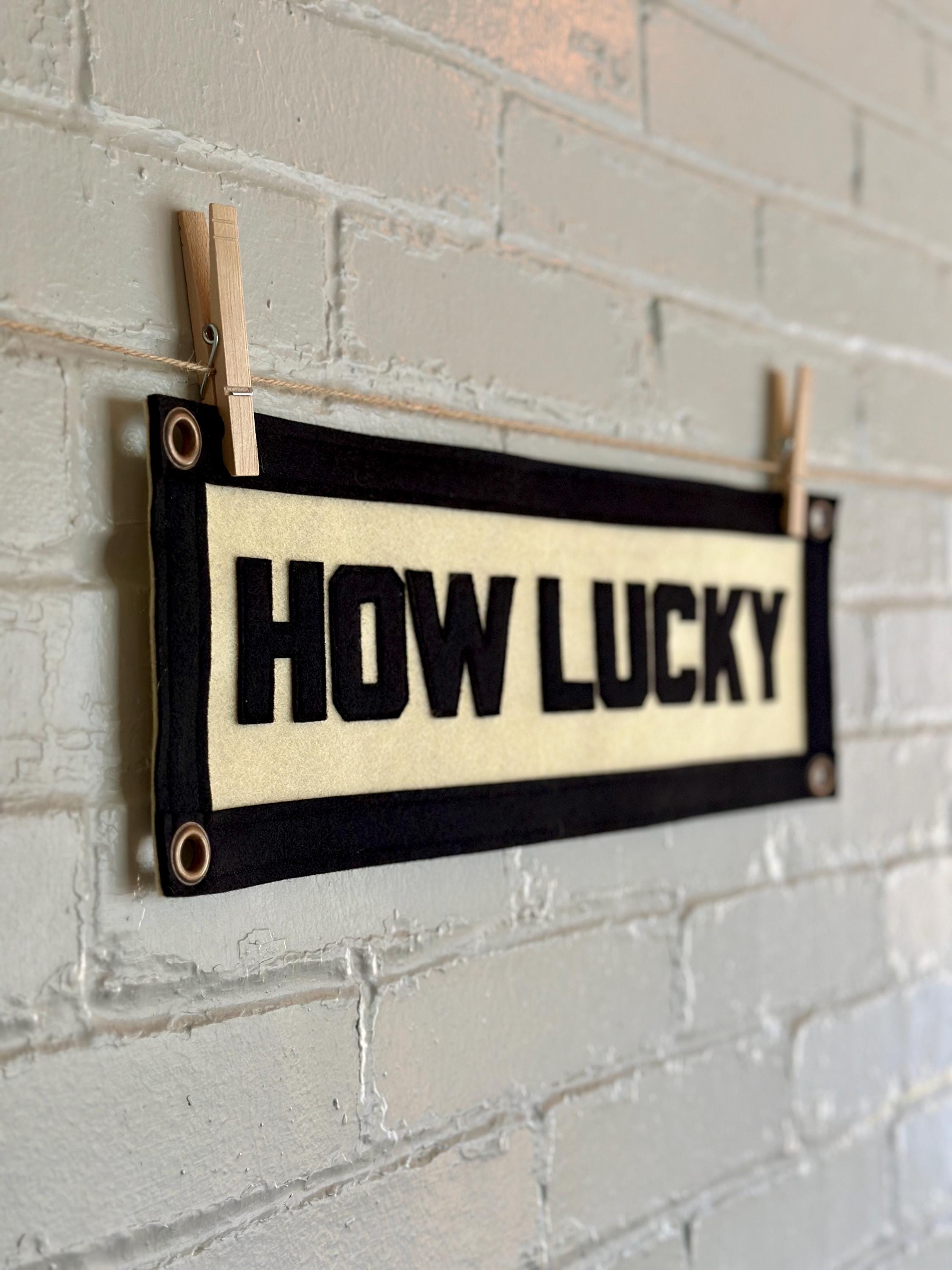 A cream felt banner with black stitched letters that read 'HOW LUCKY' hanging from two wooden clothespins against a white brick wall.