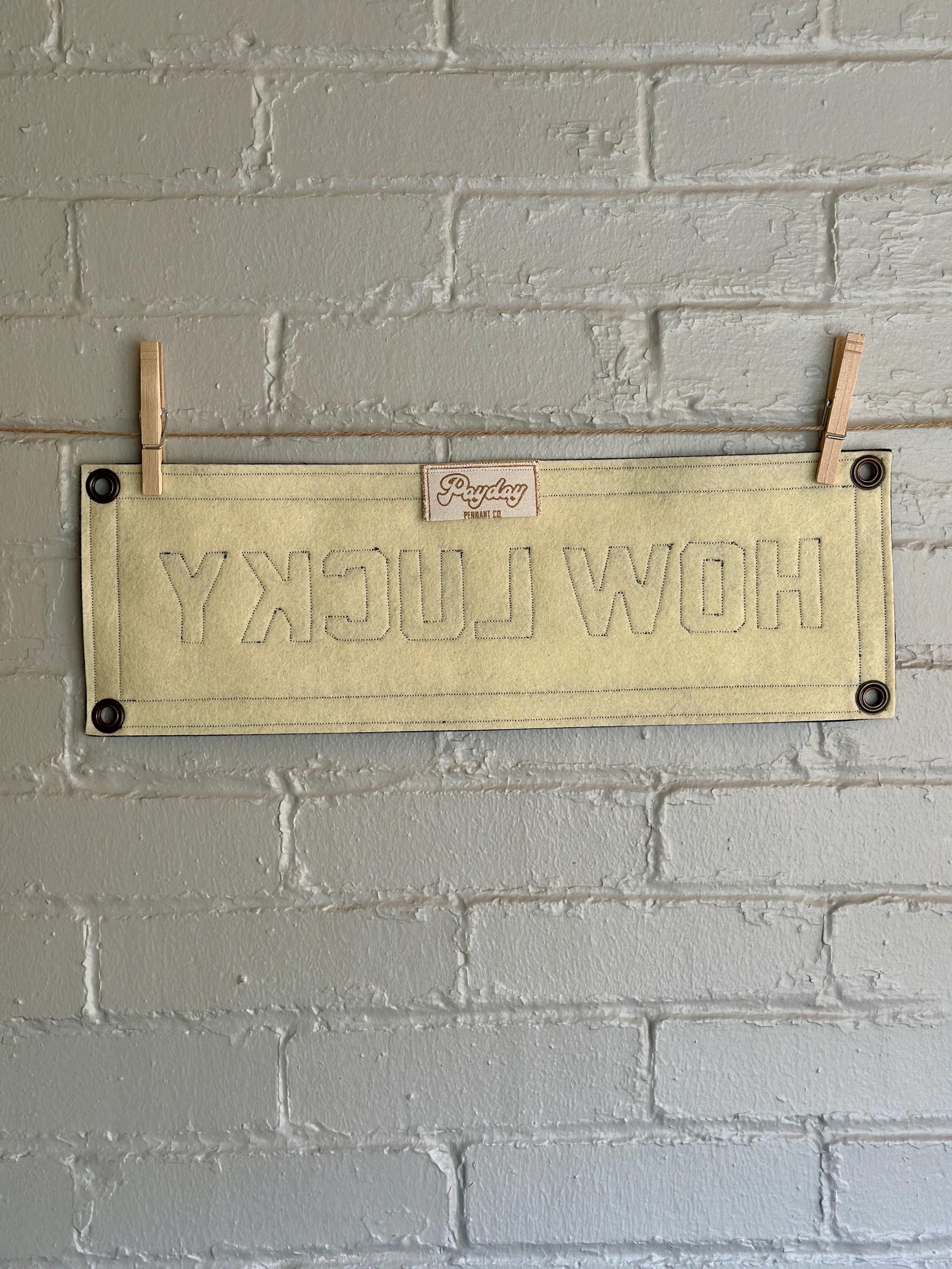 The back of a cream felt banner with black stitched letters that read 'HOW LUCKY' hanging from two wooden clothespins against a white brick wall.