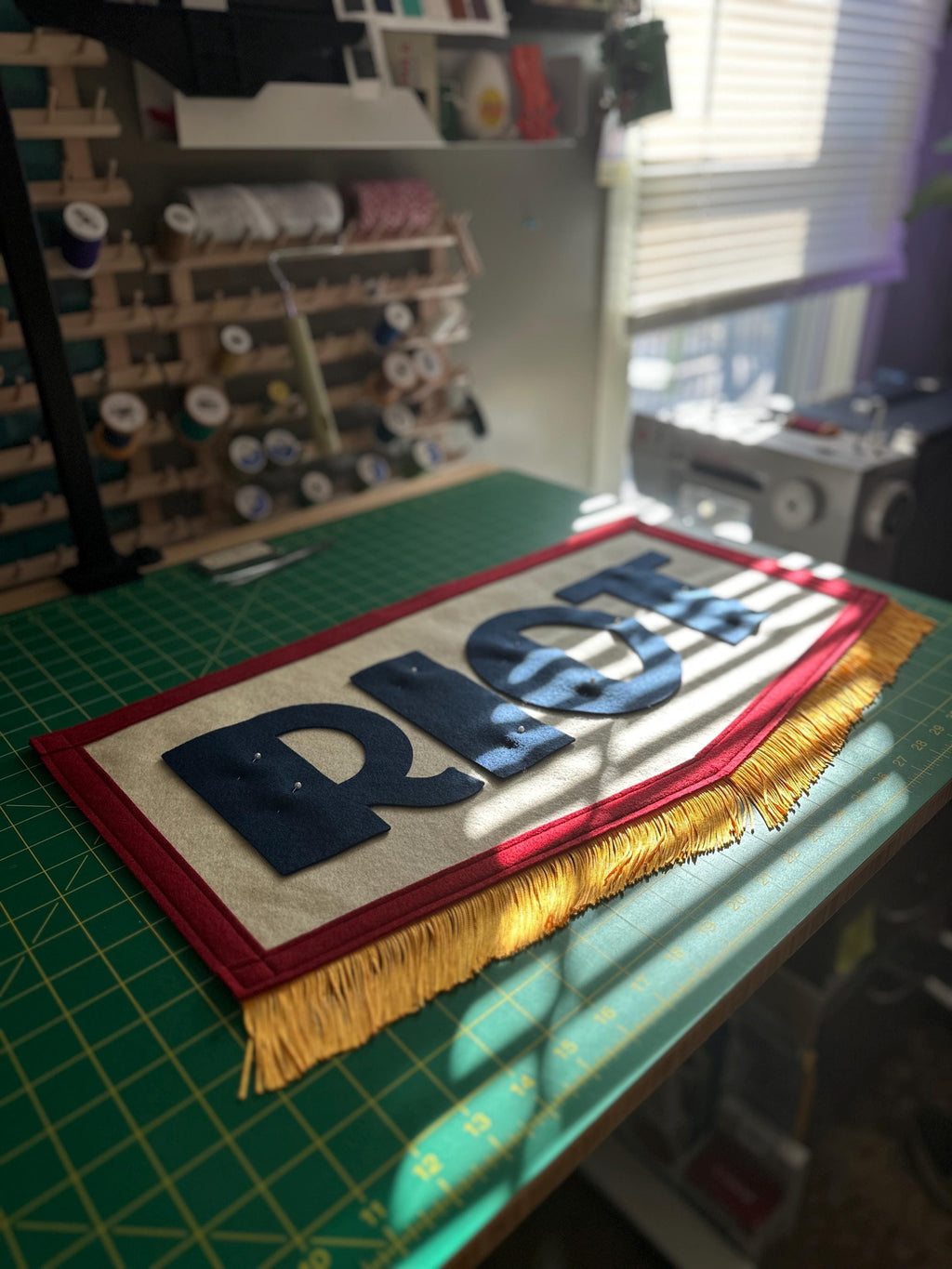 A red, white and blue felt banner with flag gold trim and appliqué letters that read RIOT