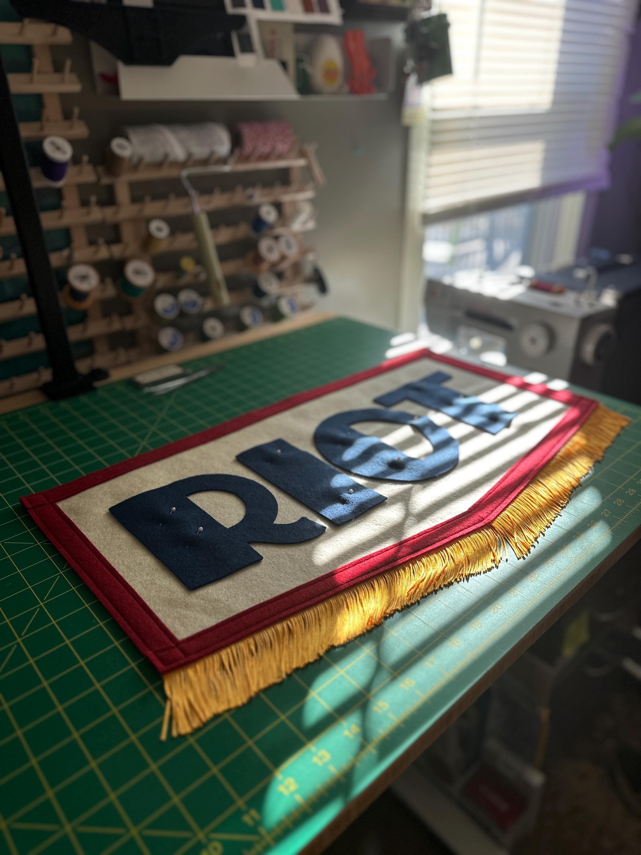 A red, white and blue felt banner with flag gold trim and appliqué letters that read RIOT