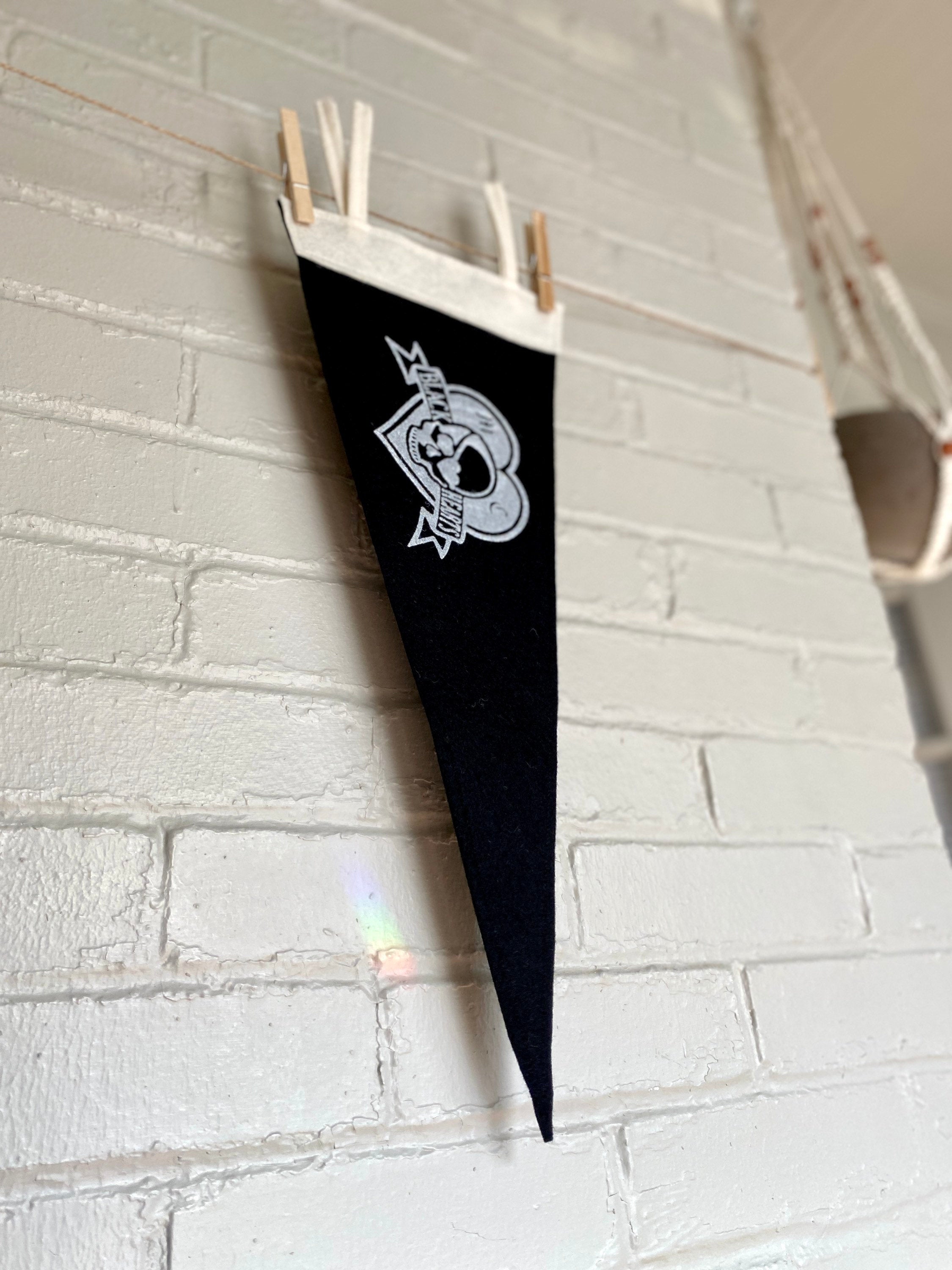 A side view of a black pennant with white trim and the Venture Bros "Black Hearts" logo printed on