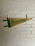 Light brown felt pennant with green trim and green flowy lettering that reads "Let's go outside"