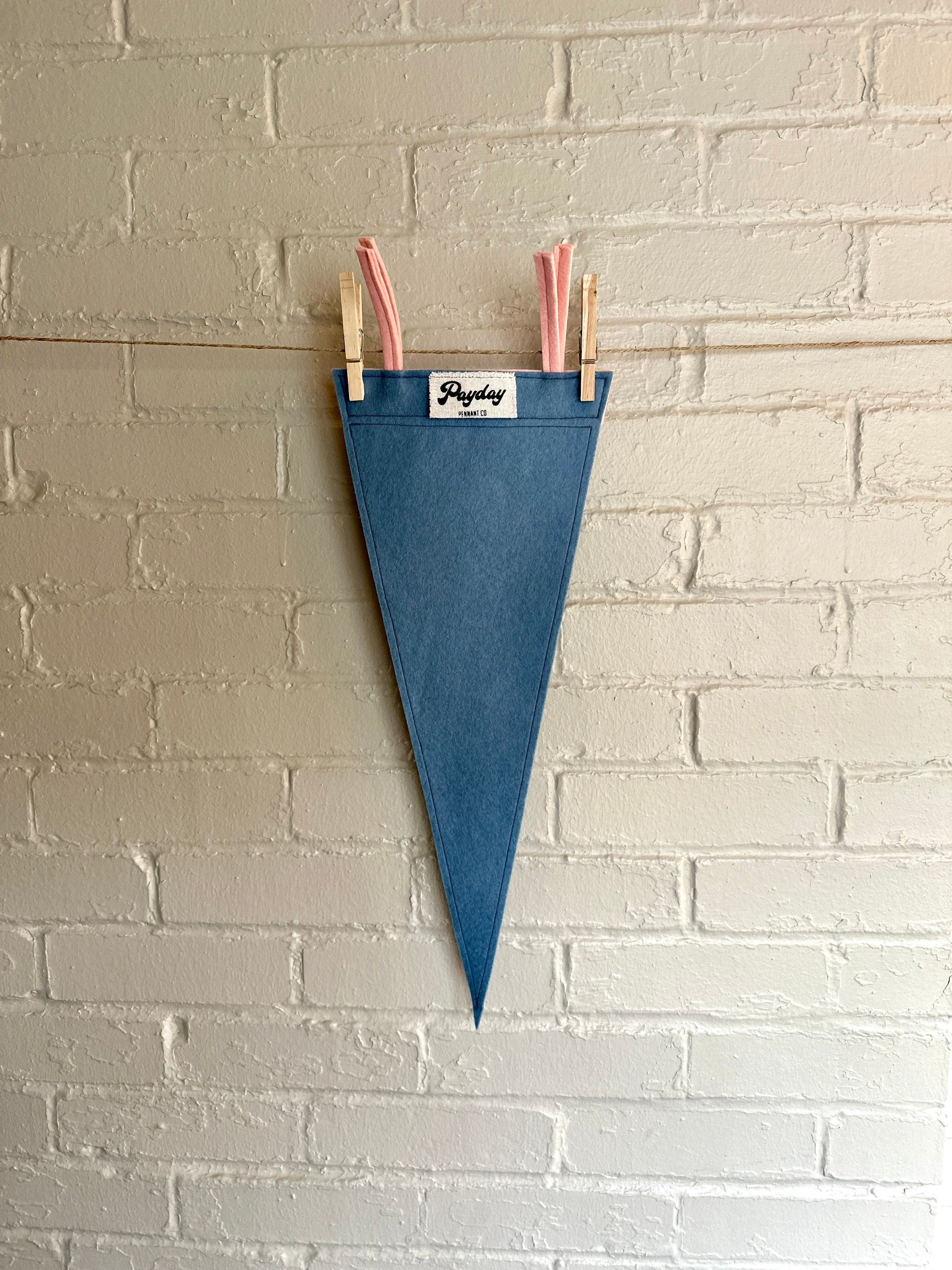 Back of a light blue felt pennant with pink trim and a Greendale Community College logo printed on