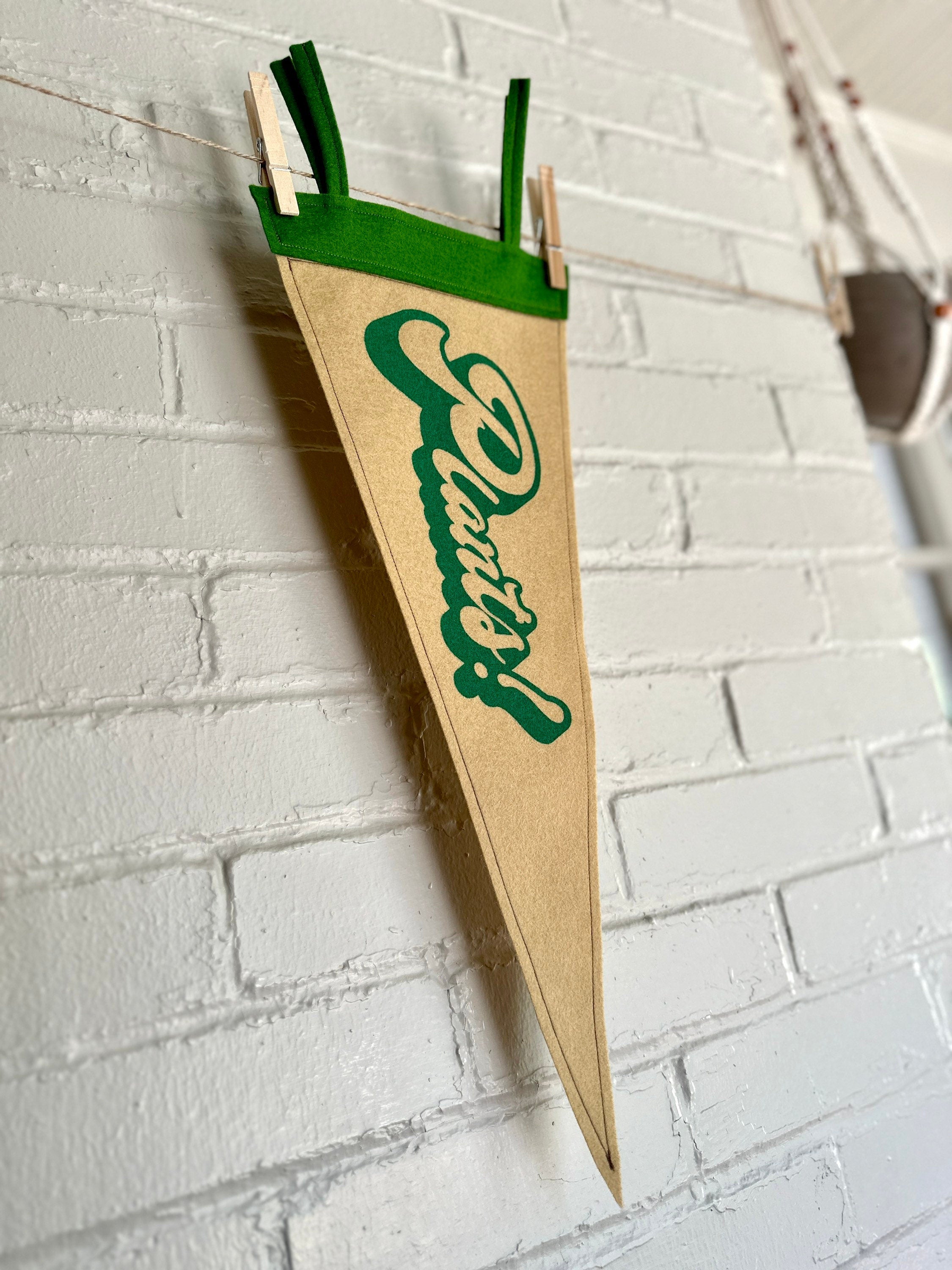 Side view of a light brown felt pennant with green trim and green lettering that reads "Plants!"