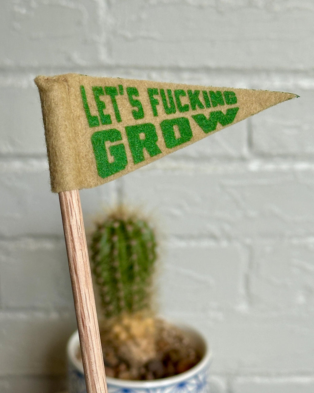 A small felt pennant with brown felt and green lettering that reads "Let's fucking grow"