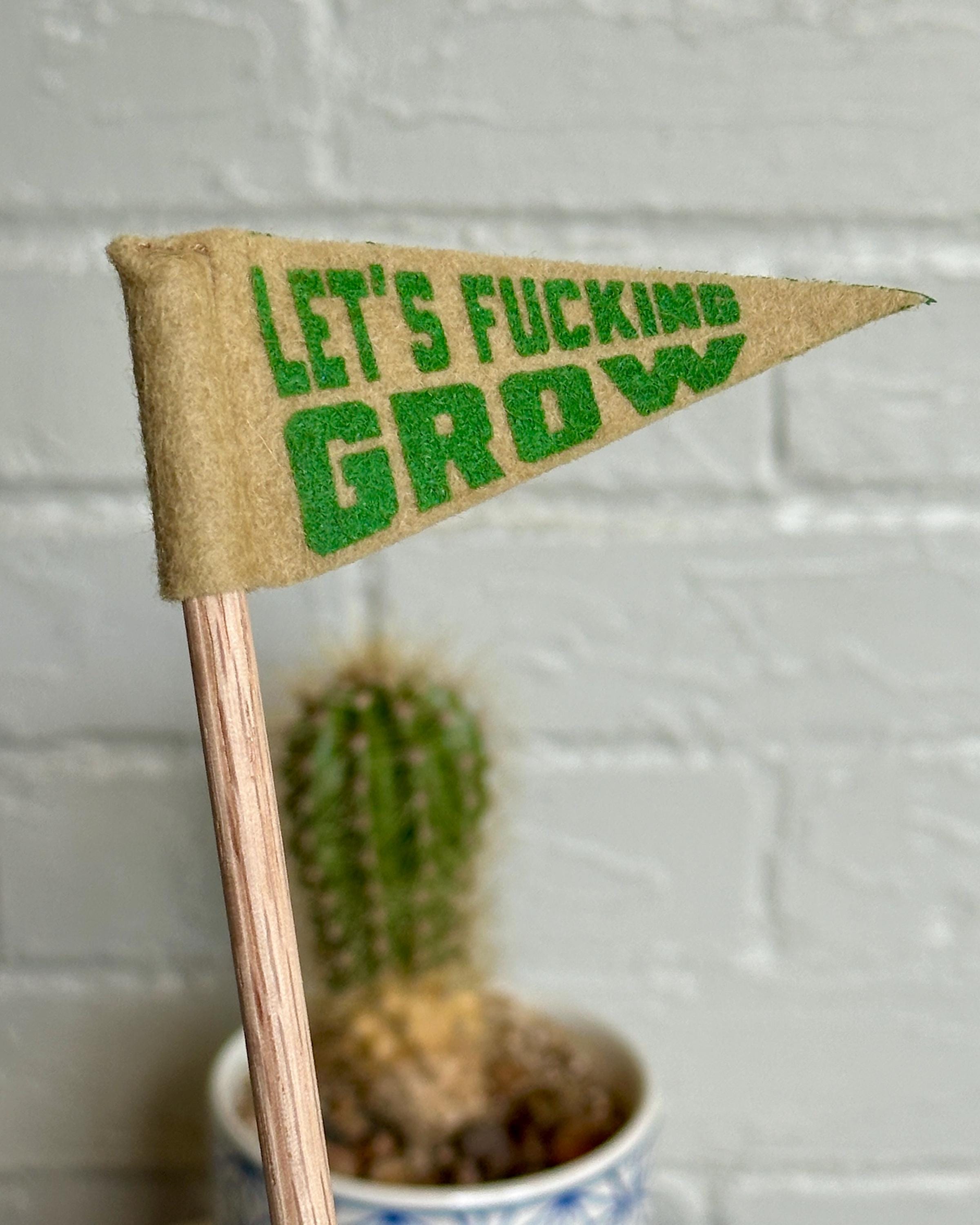A small felt pennant with brown felt and green lettering that reads "Let's fucking grow"